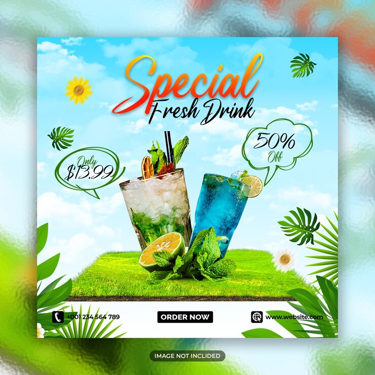 Un poster per una bevanda fresca speciale con un'immagine di frutta e cocktail.
