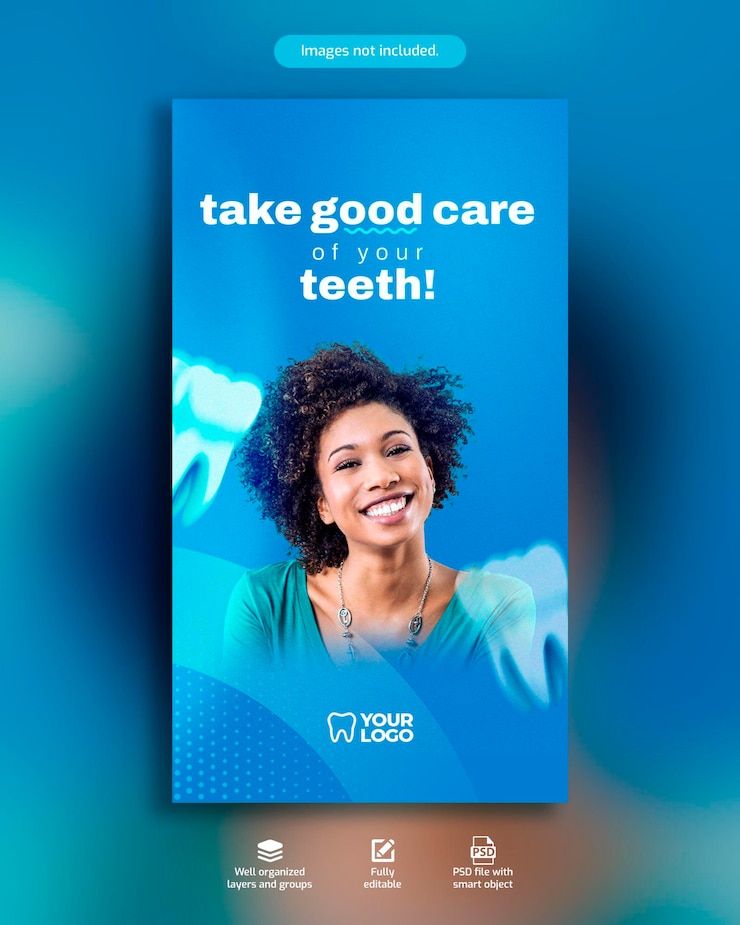 PSD un poster per una clinica dentale che dice "prenditi cura dei tuoi denti" story instagram
