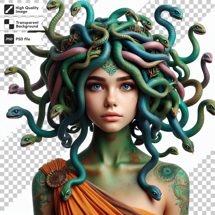 PSD un poster per una donna con i capelli di una sirena con un serpente su di esso