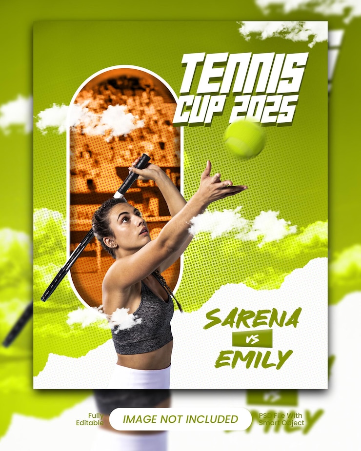 PSD un poster per una partita di tennis e la palla da tennis sono nel cielo