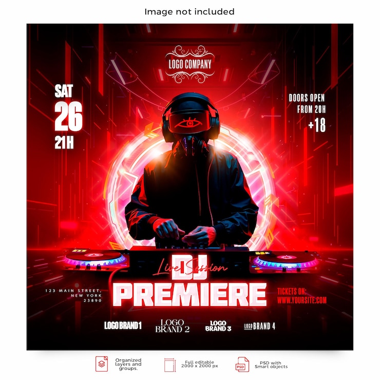 PSD un poster urbano di una festa al neon con un dj con la sua console su uno sfondo futuristico rosso