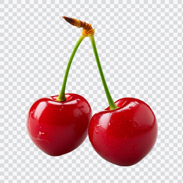 Un primo piano di due ciliegie rosse fresche e luccicanti collegate dai loro gambi verdi perfetti per contenuti relativi all'alimentazione