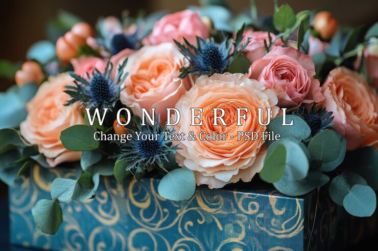 PSD un primo piano di un bellissimo bouquet di rose pesche e cardo blu in una scatola blu