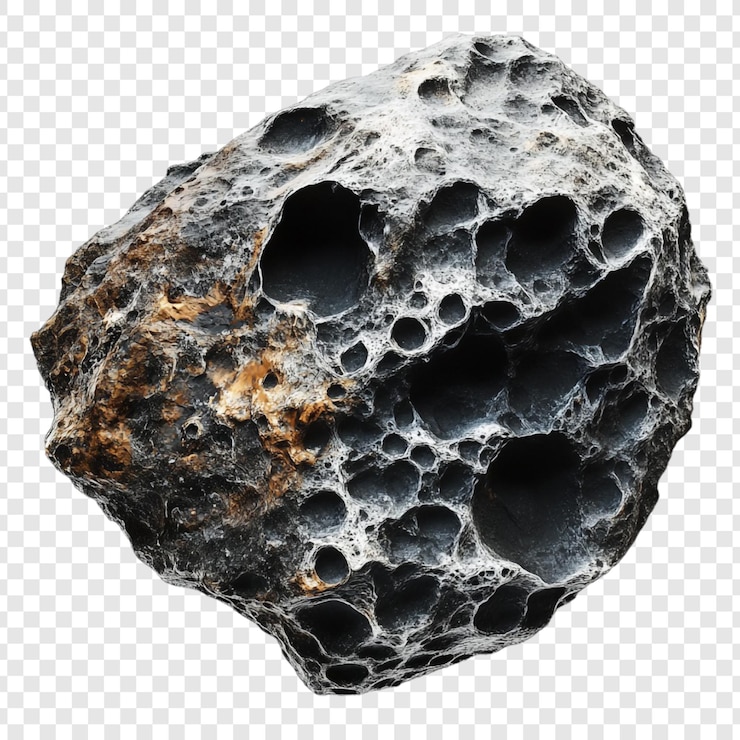 PSD un primo piano di un esemplare di roccia di meteorite porosa
