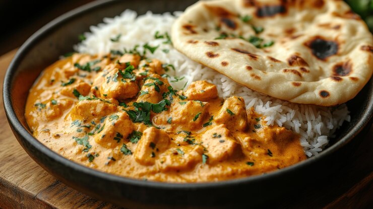 PSD un primo piano di una ciotola di tikka masala di pollo con riso bianco e pane naan