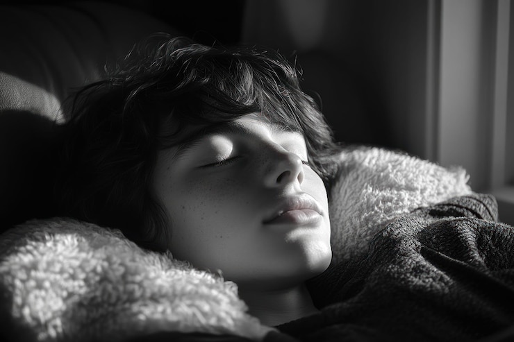 PSD un ragazzino dorme tranquillamente su una sedia bagnata dalla luce del sole che scorre attraverso una finestra