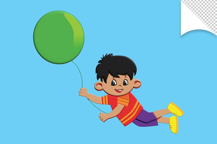 PSD un ragazzo con un palloncino verde in mano tiene in mano un palloncino verde.