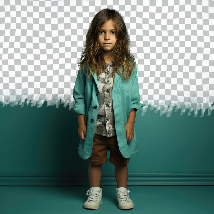 PSD un ragazzo di età prescolare solitario con i capelli lunghi dell'etnia nativa americana vestito in abito di microbiologo posa in uno stile standing with one foot forward su uno sfondo pastel teal