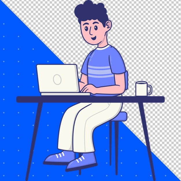 un ragazzo si siede a una scrivania con un portatile e una tazza di caffè