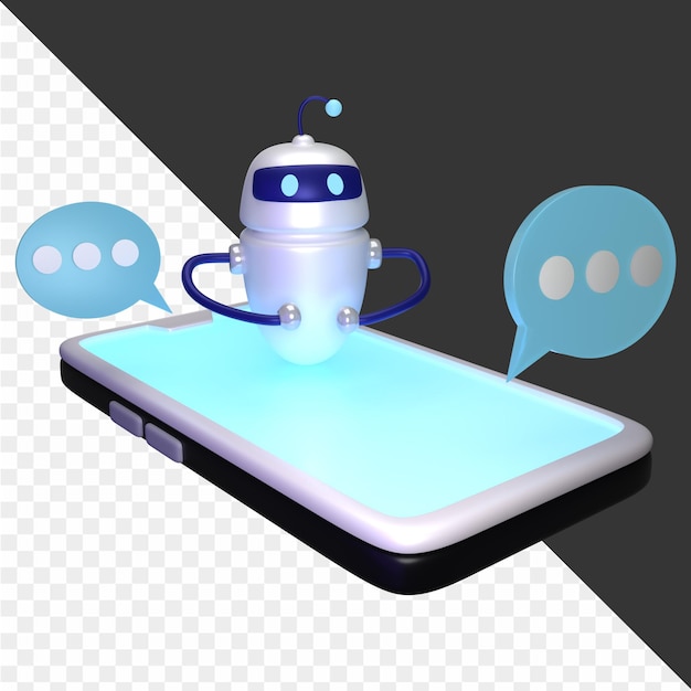 un robot su un telefono con una bolla di discorso sullo schermo