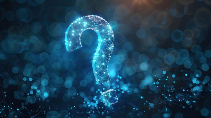 PSD un segno d'interrogazione blu brillante fatto di punti e linee collegati su uno sfondo blu scuro con luci bokeh