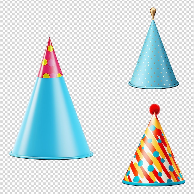 Un set di cappelli di compleanno carini isolati su uno sfondo trasparente