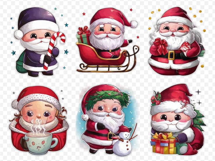 PSD un set di figurine di santa claus in cartone animato con un cappello di santa