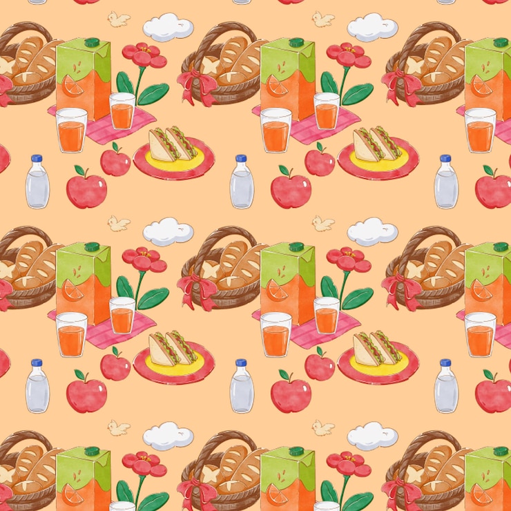 PSD un set per picnic un cesto baguette succo d'arancia panini acquerello pittura modello senza cuciture