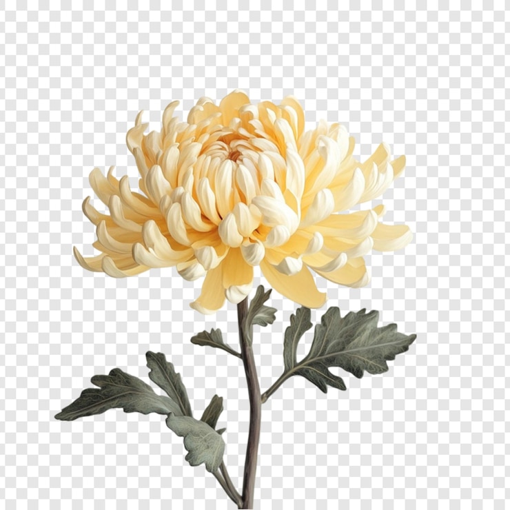 PSD un singolo fiore di crisantemo giallo pallido con foglie verde scuro sul gambo una bella immagine floreale