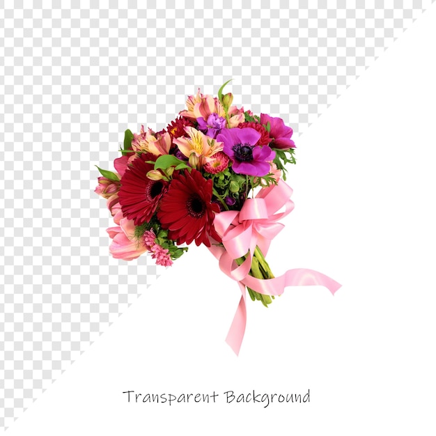 Un stupendo bouquet di fiori colorati legati con un nastro rosa su uno sfondo trasparente