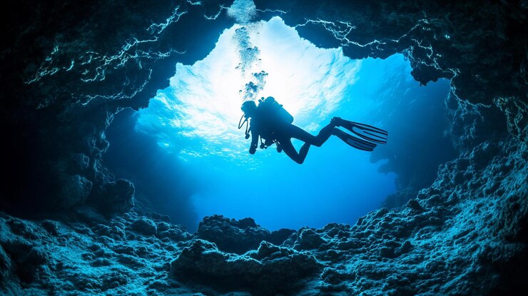 PSD un subacqueo che esplora una splendida grotta sottomarina