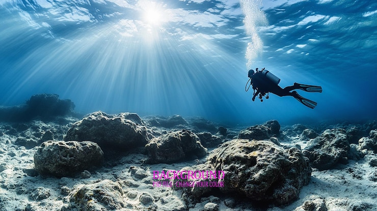 PSD un subacqueo sta nuotando sotto un oceano blu con le parole scuba diver sul fondo