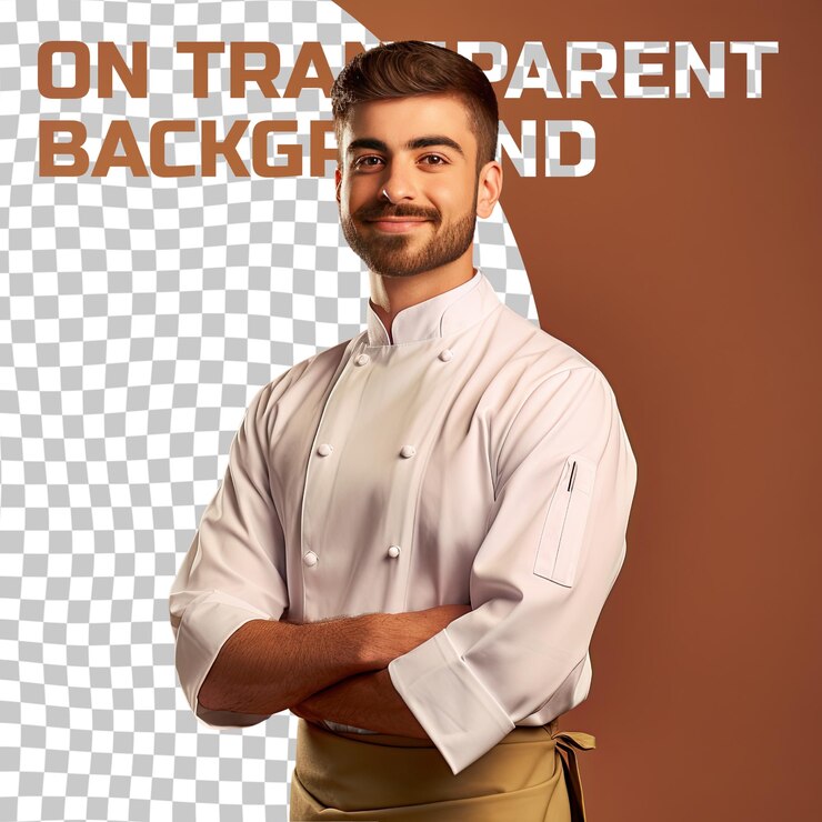 PSD un uomo adulto soddisfatto con i capelli corti di etnia mediorientale vestito con abiti da cucina posa in stile standing with tilted hips su uno sfondo beige pastello