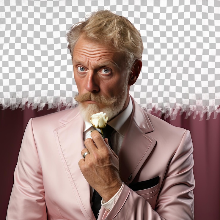 PSD un uomo anziano empatico con i capelli biondi di etnia scandinava vestito come investigatore della scena del crimine posa in uno sguardo pensieroso con il dito sulle labbra contro un pastel rose ba