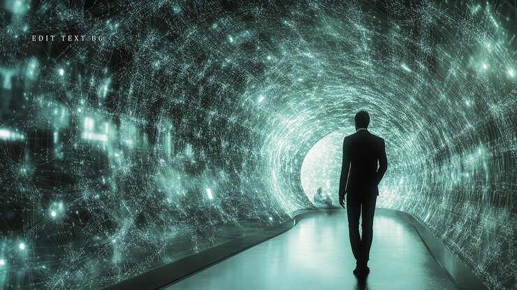 PSD un uomo cammina verso un tunnel di dati luminoso