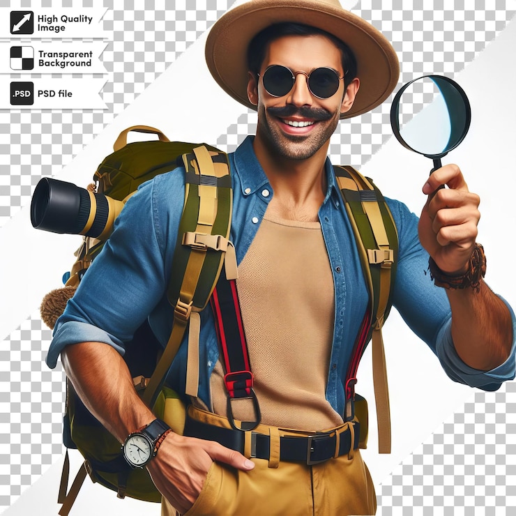 PSD un uomo che indossa un cappello e occhiali da sole tiene una lente d'ingrandimento