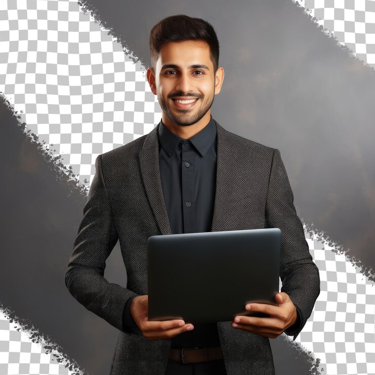 PSD un uomo che tiene un portatile con uno sfondo nero e uno sfondo bianco con una foto di un uomo su di esso.