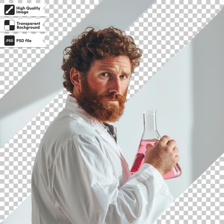 PSD un uomo con la barba tiene in mano una bottiglia rosa di liquido