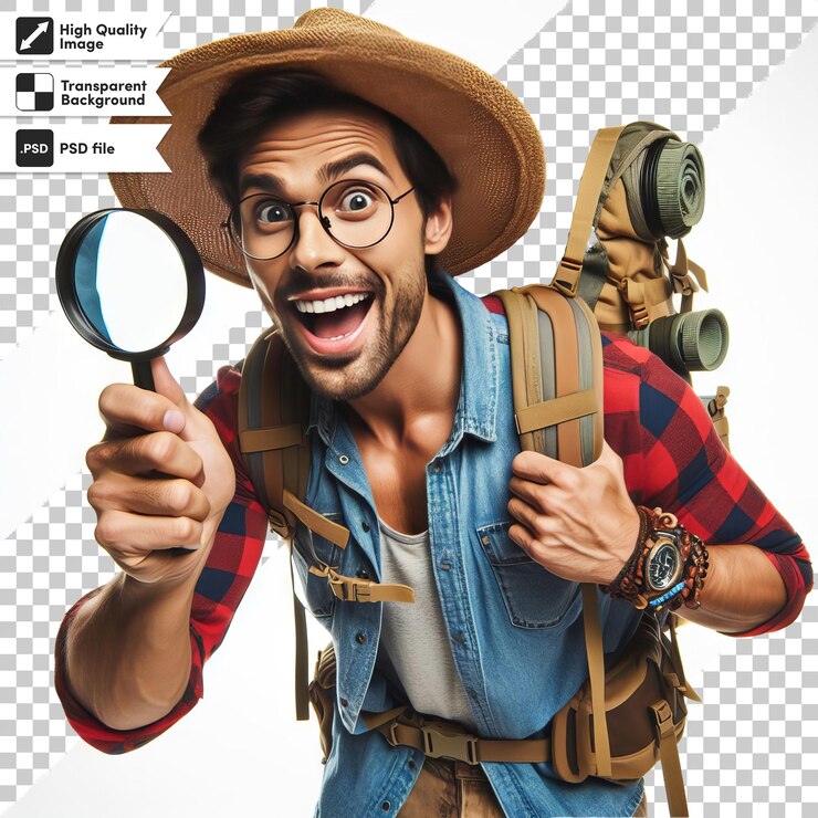 PSD un uomo con un cappello e degli occhiali che tiene una lente di ingrandimento
