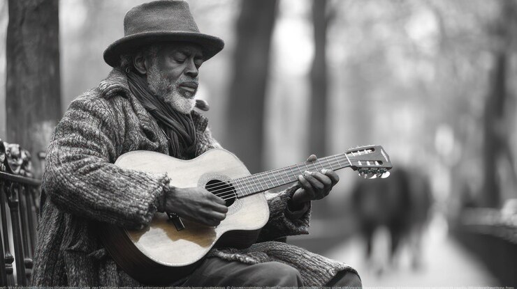 PSD un uomo con un cappello suona la chitarra su una panchina del parco