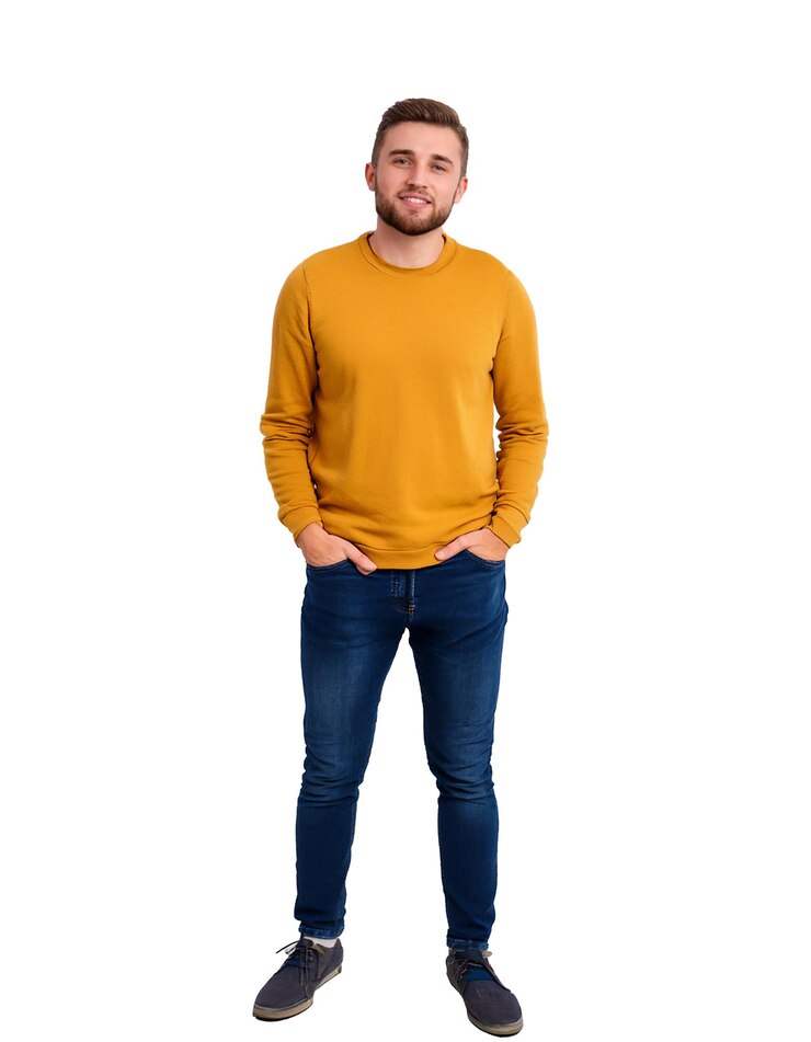 PSD un uomo con un maglione giallo si trova di fronte a uno sfondo bianco