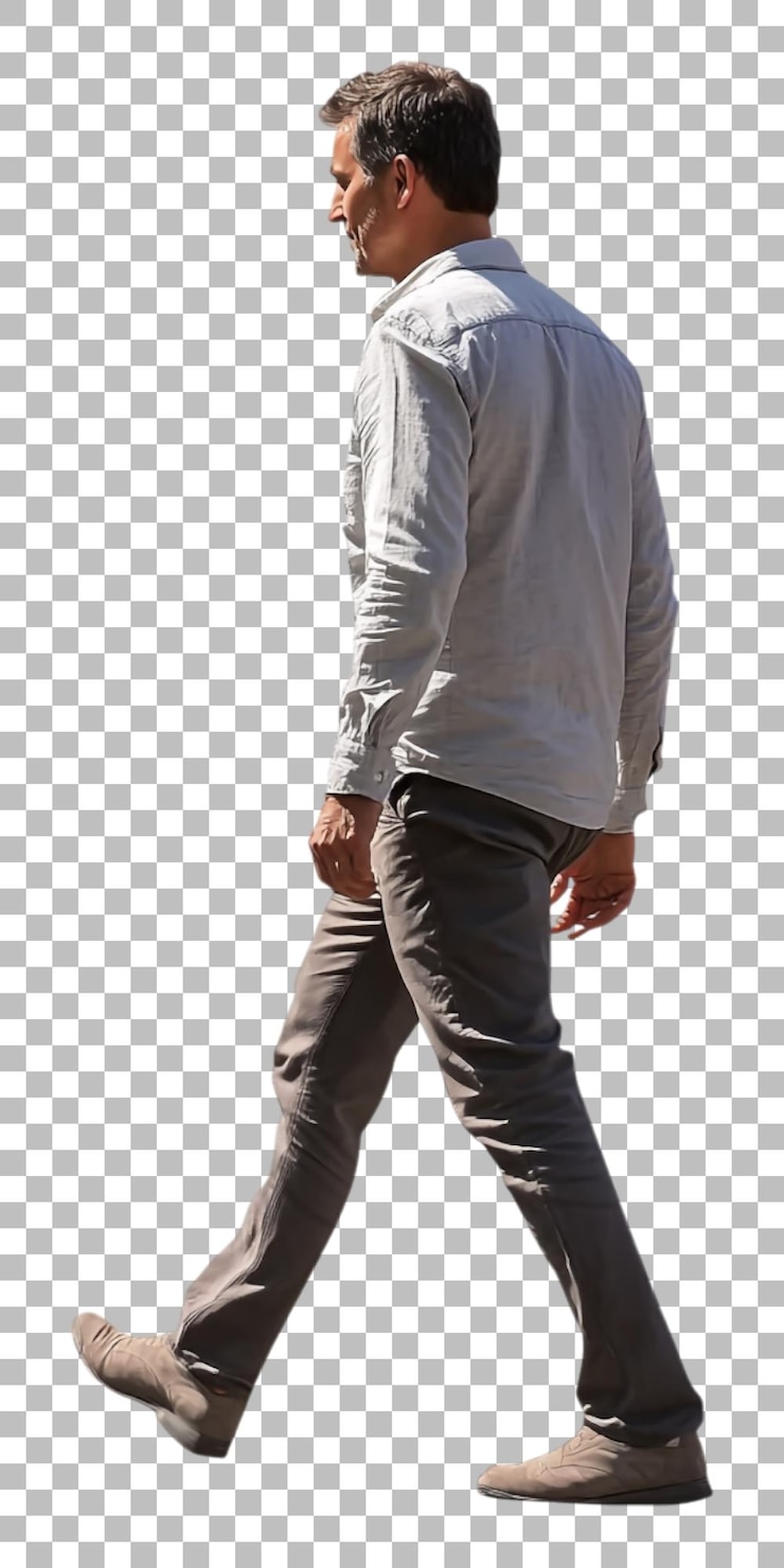PSD un uomo con una camicia bianca cammina su uno sfondo bianco