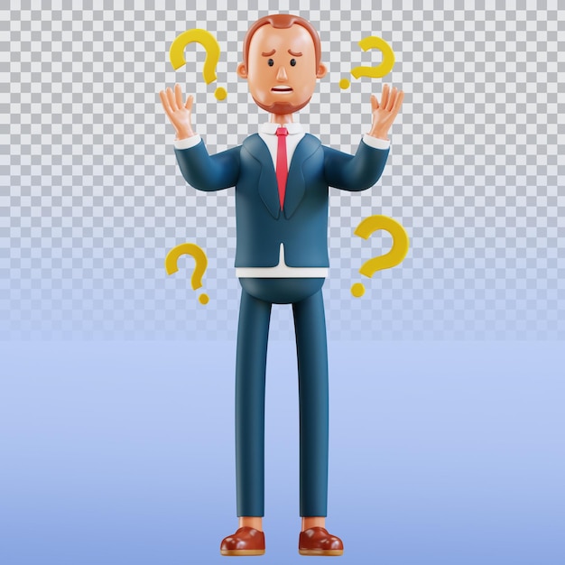 Un uomo con una cravatta rossa e un abito blu è in piedi davanti a dei punti interrogativi.