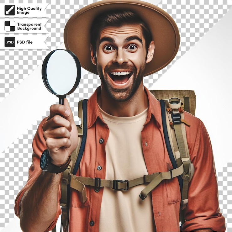 PSD un uomo con una lente d'ingrandimento con un uomo che tiene una lente dingrandimento