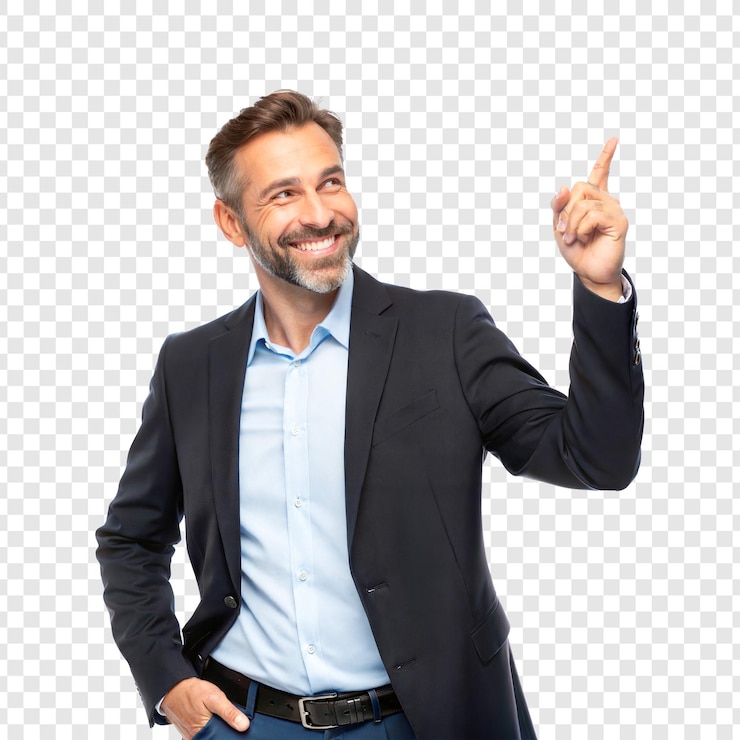 PSD un uomo d'affari di successo che indica verso l'alto con un sorriso