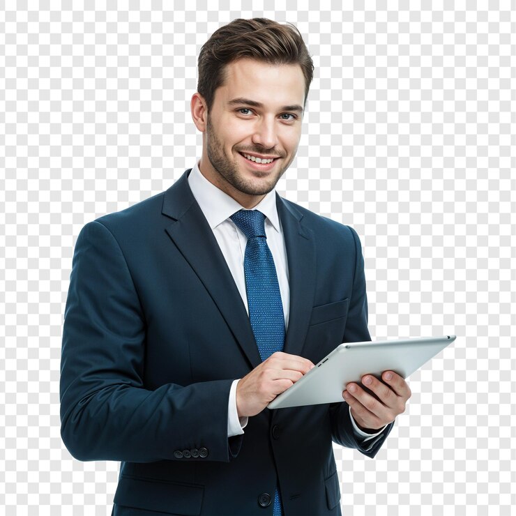 PSD un uomo d'affari sicuro che usa un tablet