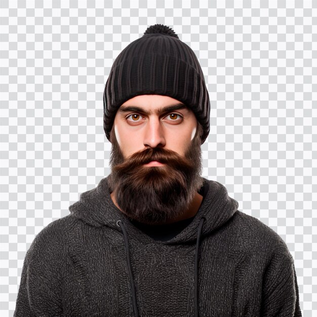 Un uomo dall'aspetto serio con un berretto nero e una barba ben curata che indossa un cappuccio casuale in un ambiente di studio