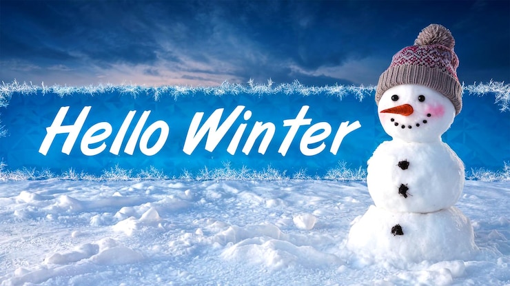 PSD un uomo di neve con la parola " ciao inverno " sul cartello
