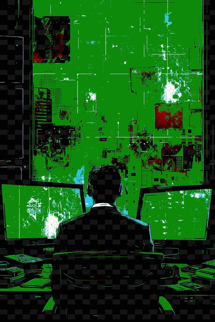 PSD un uomo è seduto davanti a un computer con uno sfondo verde