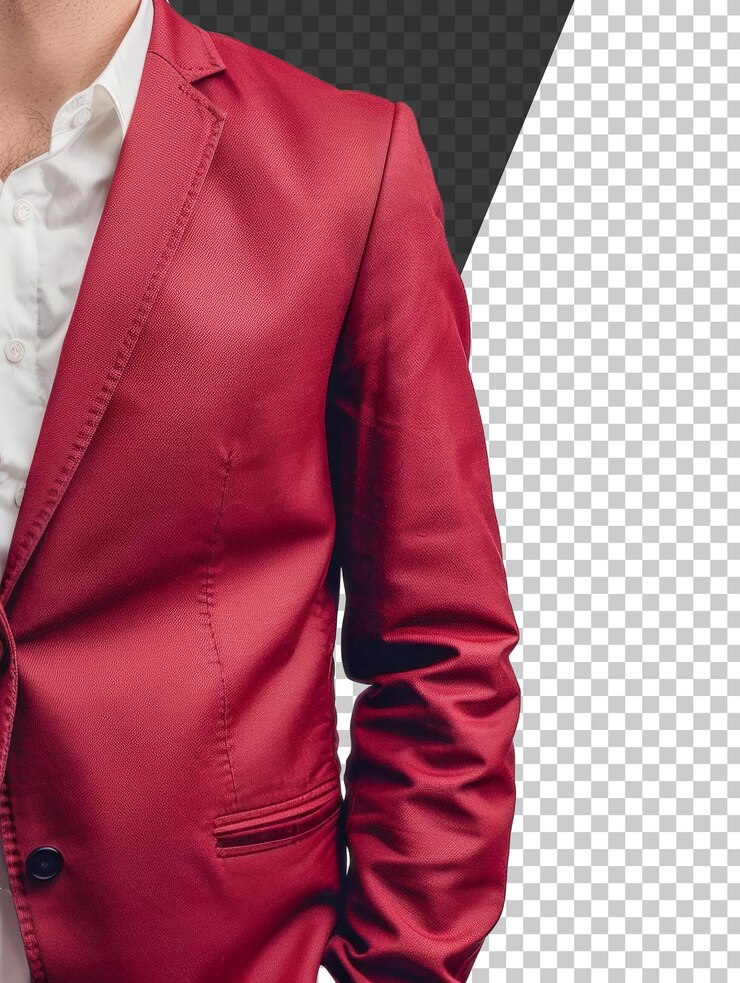 PSD un uomo in abito rosso è in piedi davanti stock png