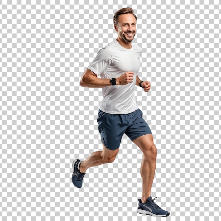 PSD un uomo in corsa con una camicia blu e pantaloncini neri
