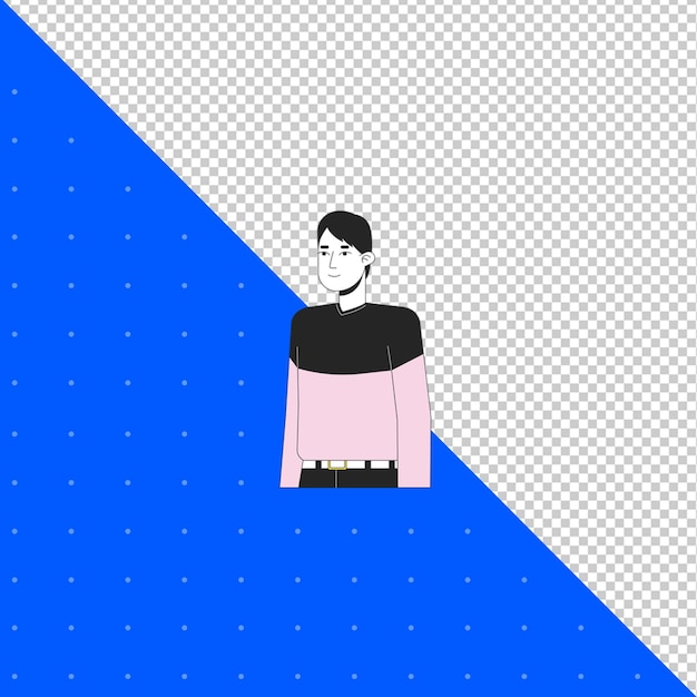 un uomo in un maglione rosa si trova di fronte a uno sfondo blu con un disegno a puntine bianche