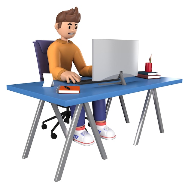 un uomo si siede a una scrivania con un computer e un mouse 3D Illustrazione