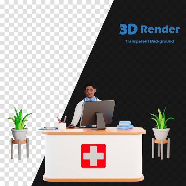 un uomo si siede a una scrivania con uno schermo computer che dice 3D 3D
