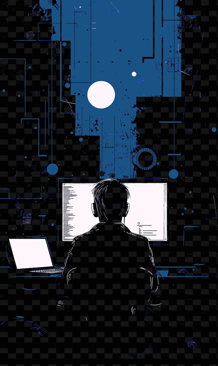 PSD un uomo si siede davanti a un computer con le parole "la luna" sul retro