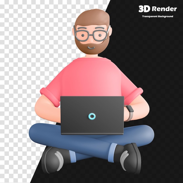 un uomo si siede su un portatile con un'immagine 3D di un uomo in grembo e le parole 3D 3D