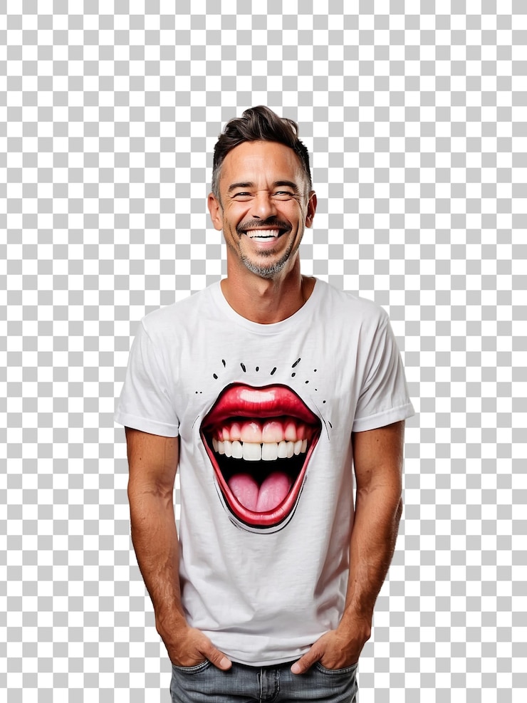 PSD un uomo sorride con una camicia bianca che dice hes sorridente isolato su sfondo trasparente