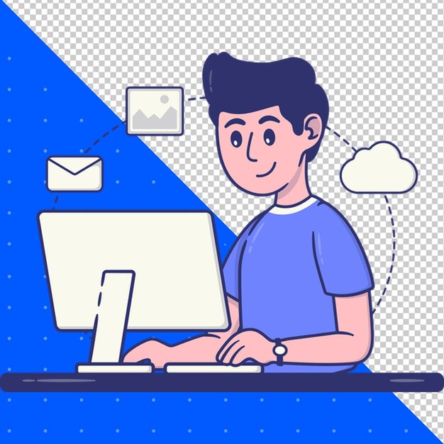 un uomo sta lavorando su un computer con una nuvola sullo sfondo