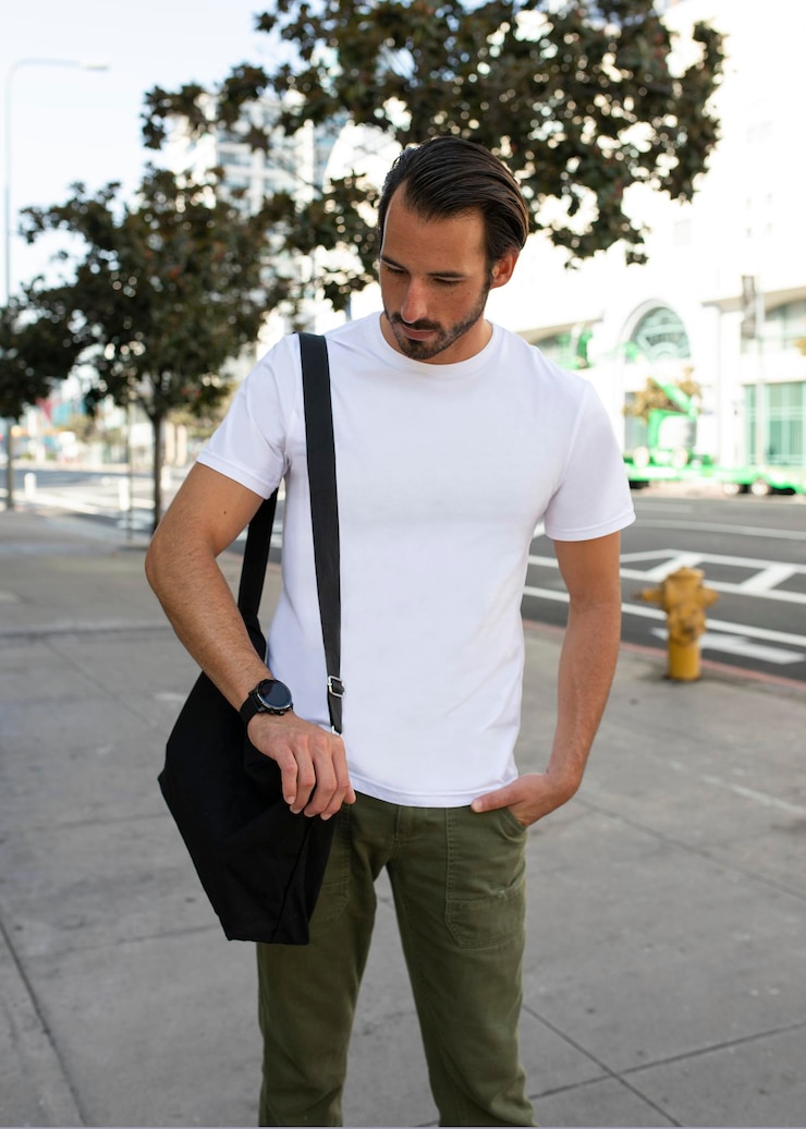PSD un uomo vestito casualmente che si dirige al lavoro per un servizio fotografico all'aperto.
