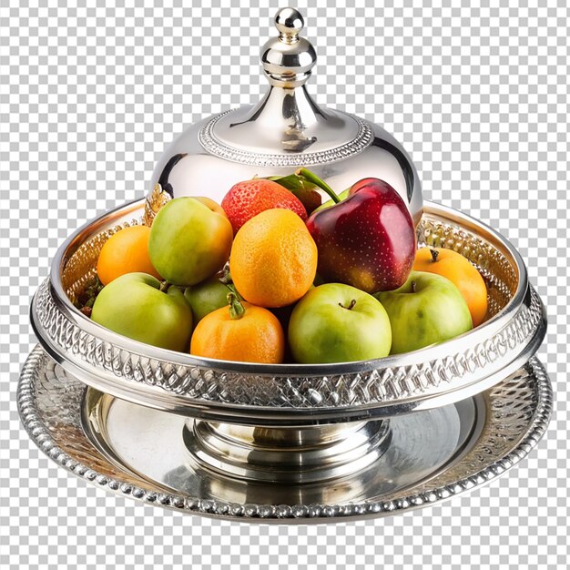 un vassoio di frutta in argento con un coperchio in argento e un argento su uno sfondo trasparente